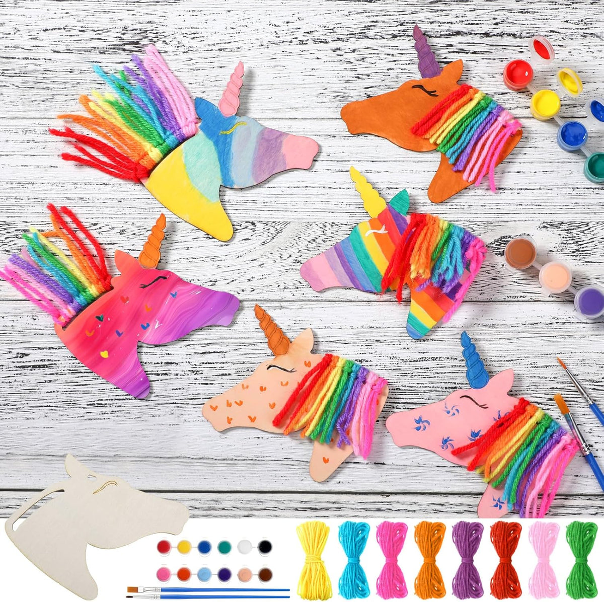 Geelin 24 unfinished wooden horse cutouts with paints, brushes and colored yarn