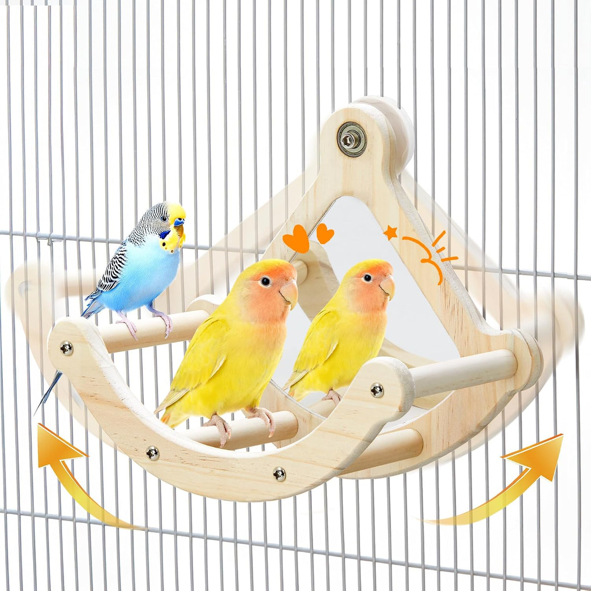 Bird Perch Toy, Wooden Interactive Rocking Parakeet Toys and Perches – Essentials for Birds - Wood / Cage Installation with Mirror