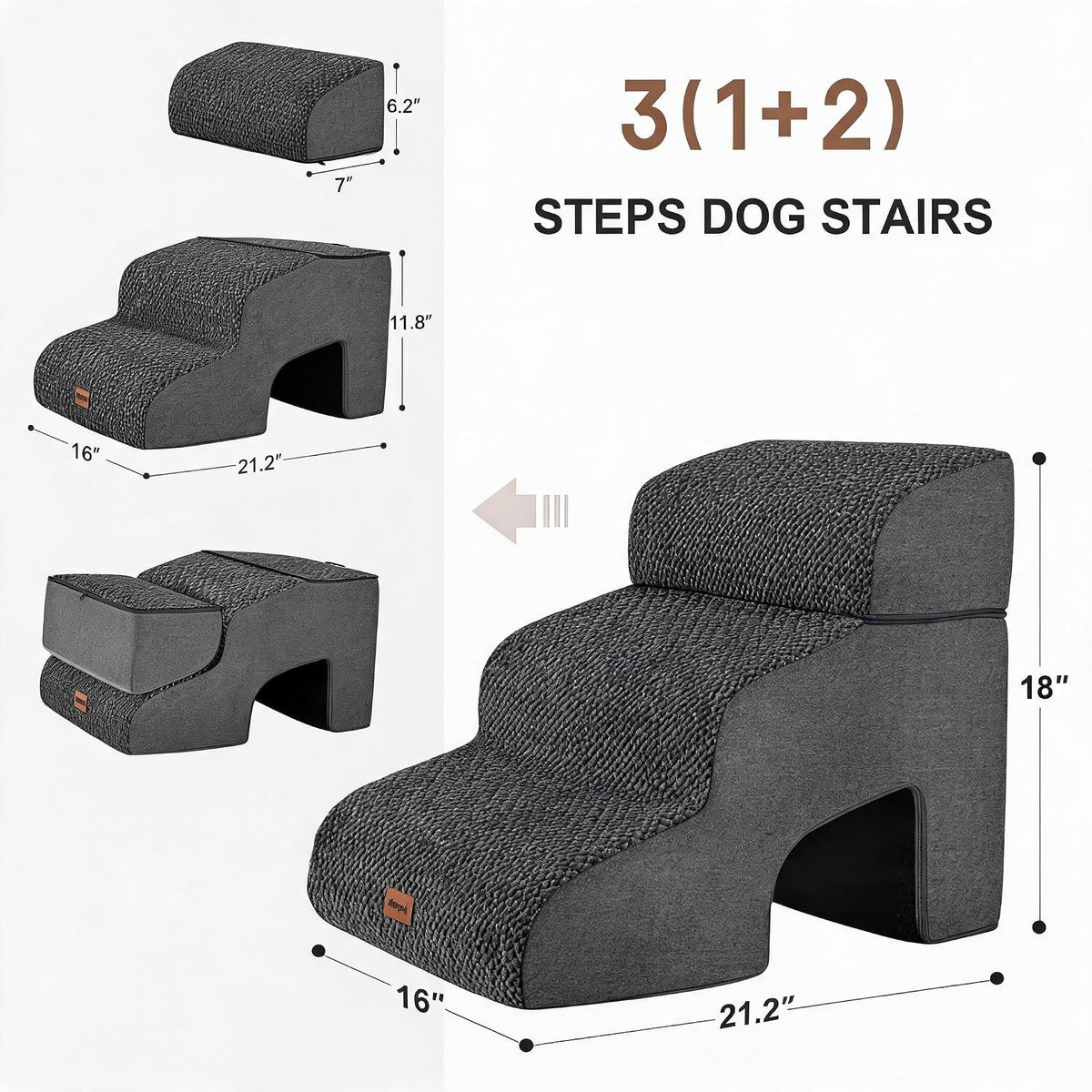 Garnpet Dog Stairs for Couch Sofa and Chair - Fleece 3-Step / Charcoal Grey - image 2