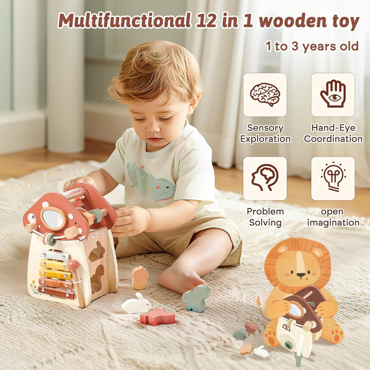 Youuys wooden activity cube, 11-in-1 Montessori toy in mushroom design - view 3