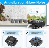 AQQA Aquarium Air Pump Powerful Pond Aerator Oxygen Pump 4 Outlets Adjustable Hydroponic Air Bubbler Pump with Air Stone Tube Air Valves for Up to 1000Gal (15W,356GPH)