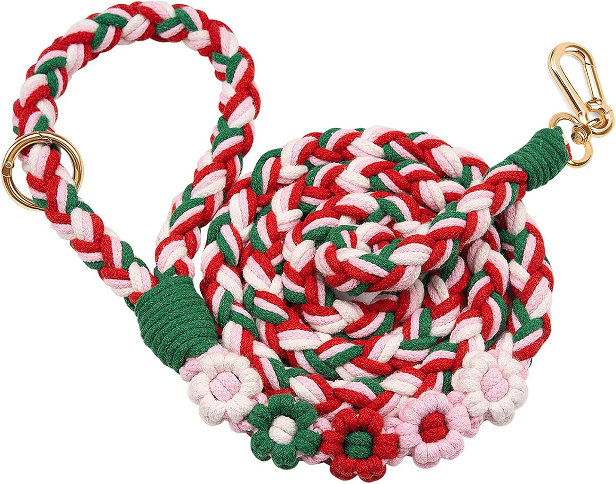5FT Braided Cotton Rope Leash for Small, Medium and Large Dogs - Strawberry