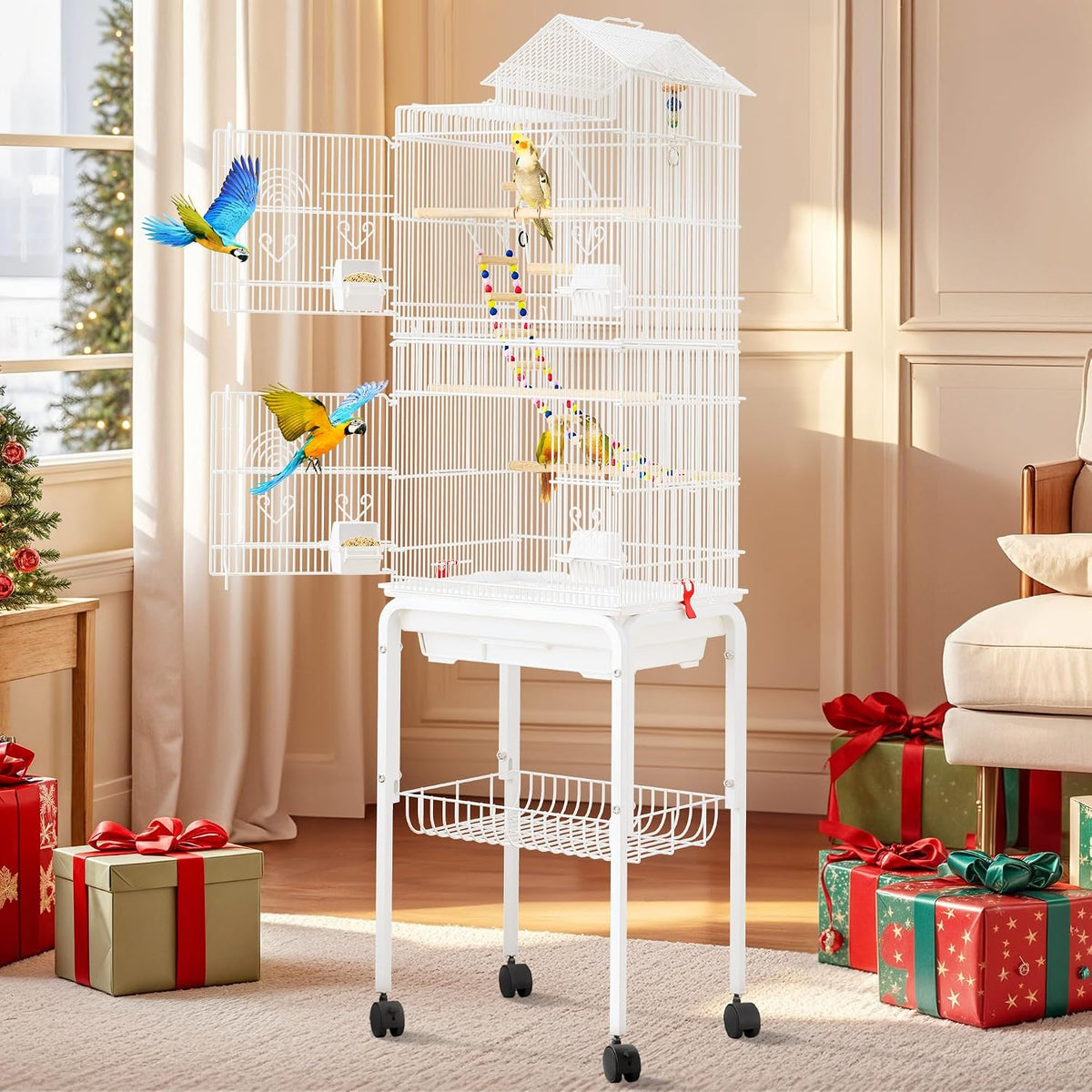 DWVO 62-inch Metal Bird Cage for Cockatiels, Parrots, Pigeons – Essentials for Birds - White