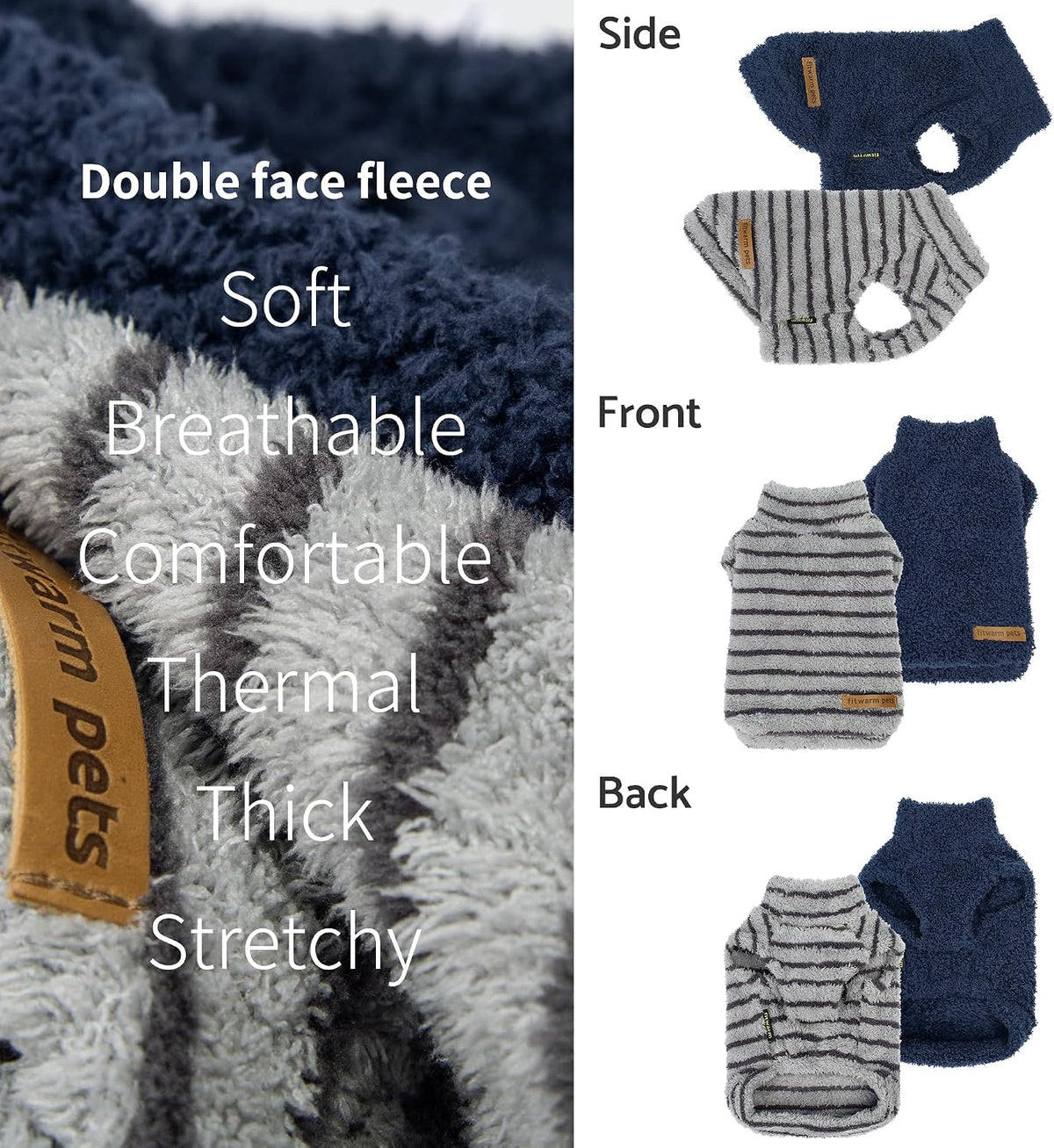 Fitwarm 2 Pack Striped Fleece Dog Sweater - X-Small / Blue-Grey - image 3