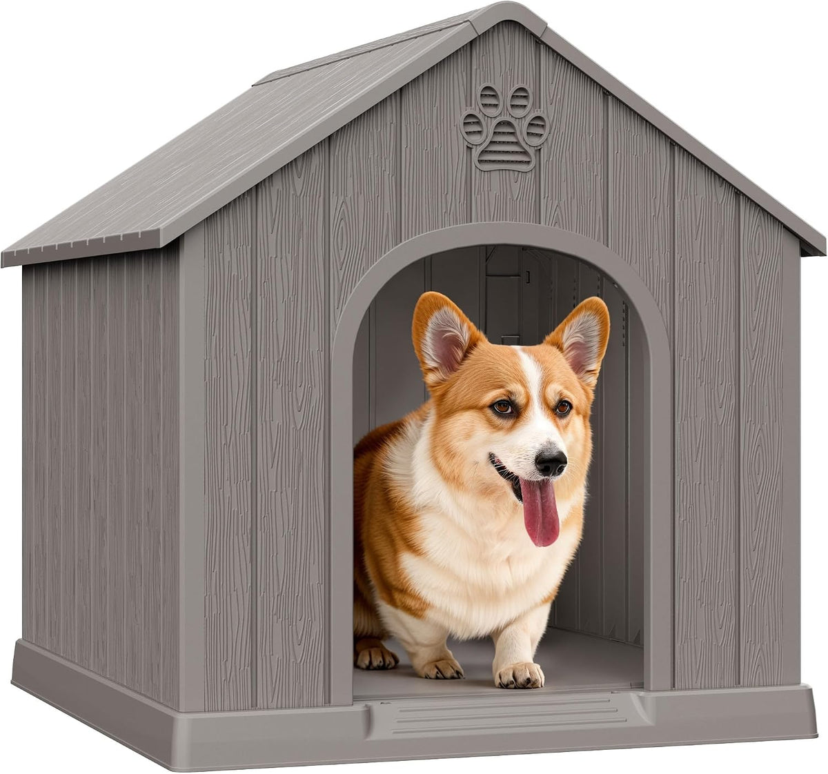 Dog House Outdoor, Plastic Small Dog House-Weatherproof Design with Air Vents & Elevated Floor - Classic Grey / 26" L x 23.6" W x 25.8" H