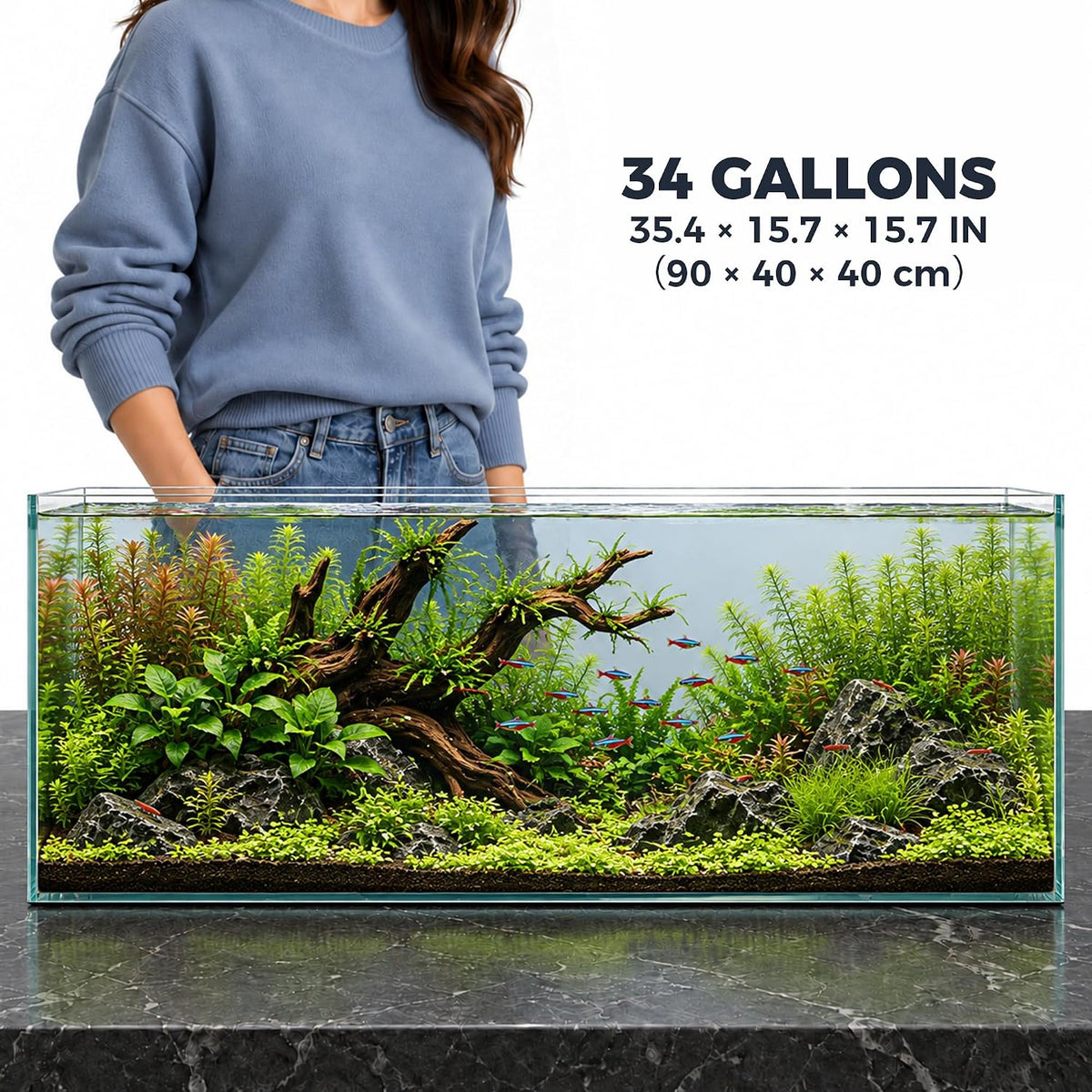 Low Iron Glass Ultra Clear Rimless Aquarium Tank - 34Gal 35.4"L×15.7"W×15.7"H - image 2