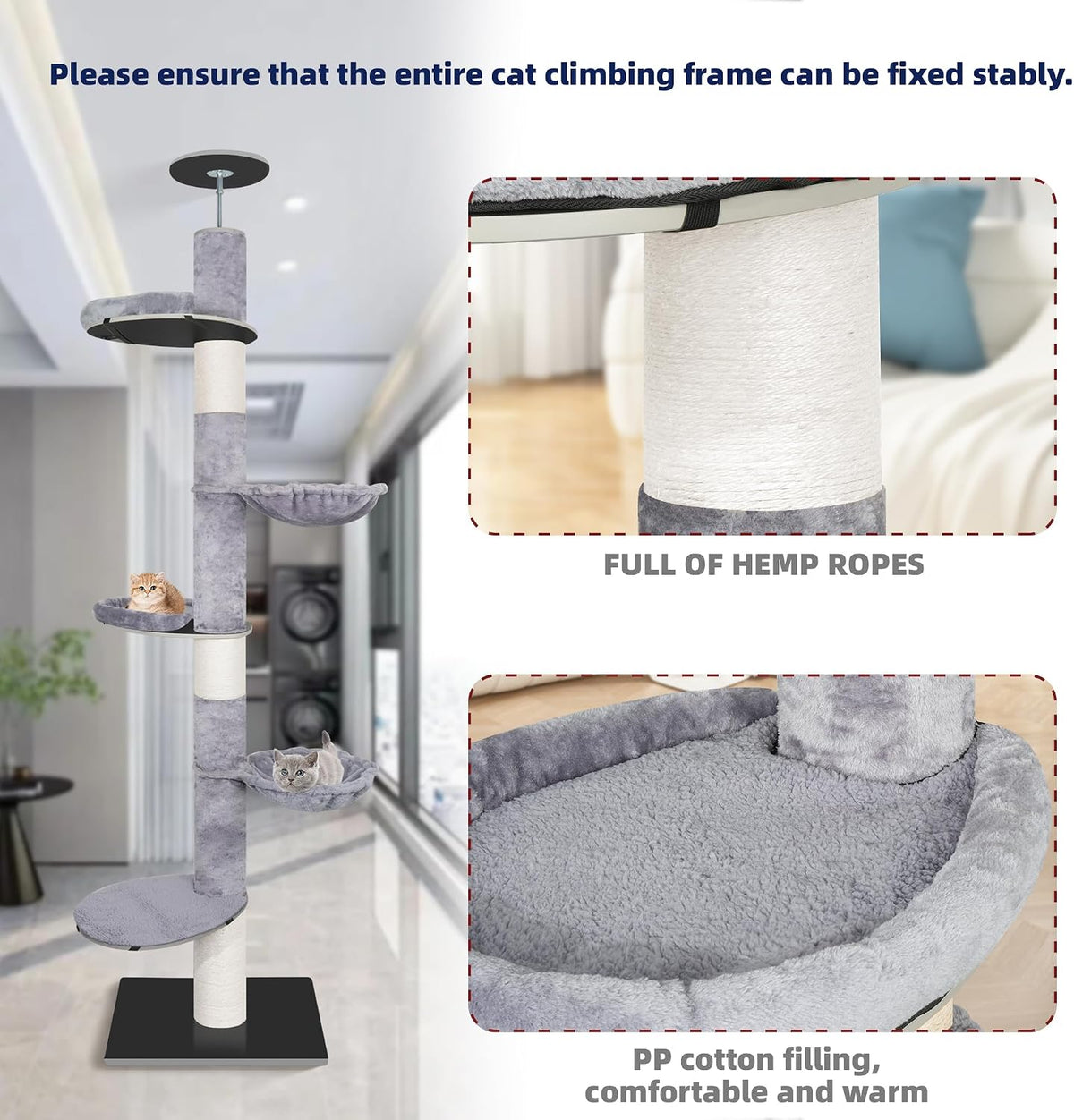 Adjustable 93"-116" Tall Cat Climbing Tree 5-Tier Kitty Activity - Big / Grey 2 - image 4