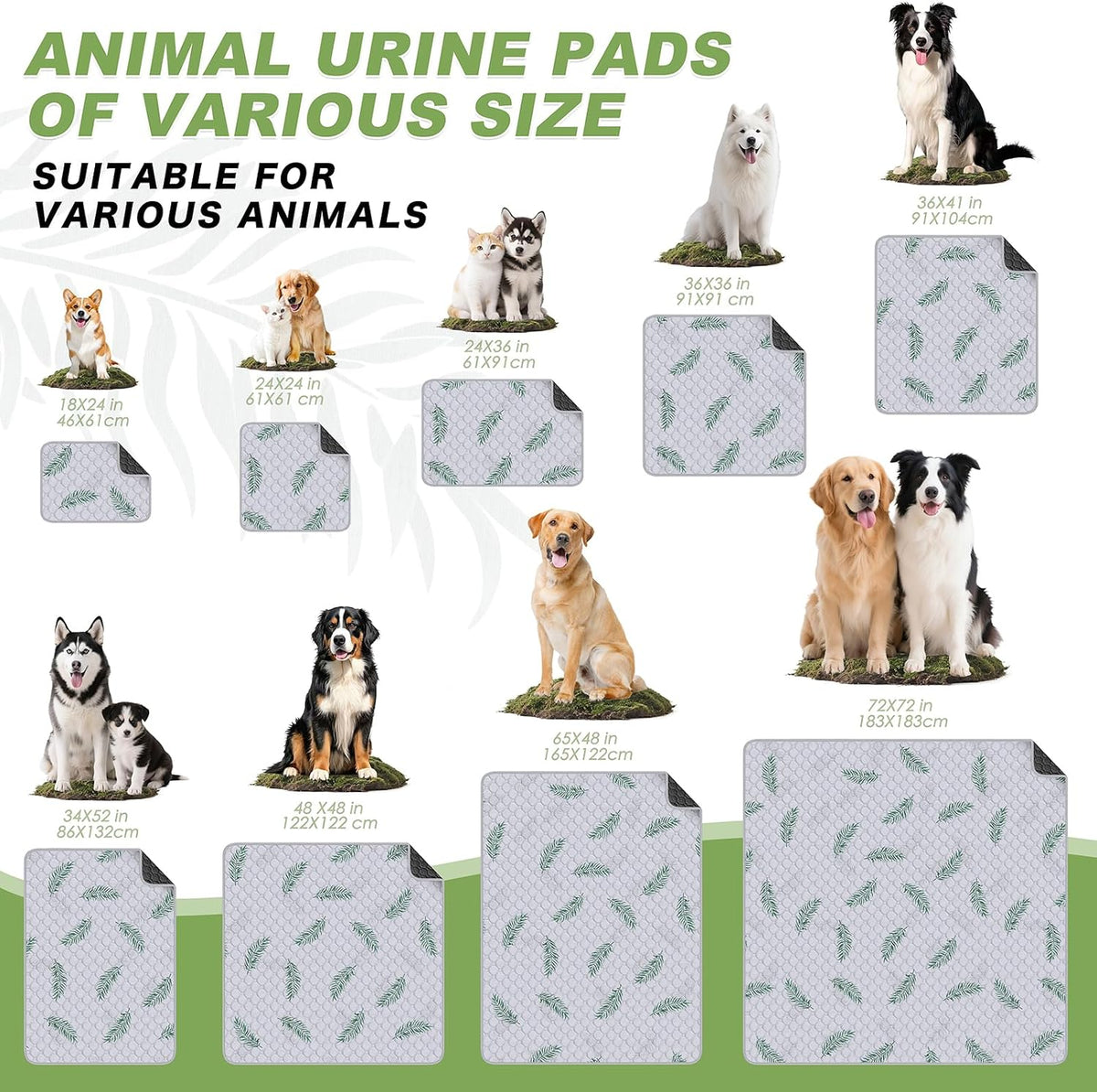 Washable Dog Pee Pads, Non-Slip Waterproof, Feather - Leaf Pattern / 32"x63"(Pack of 2) - image 4