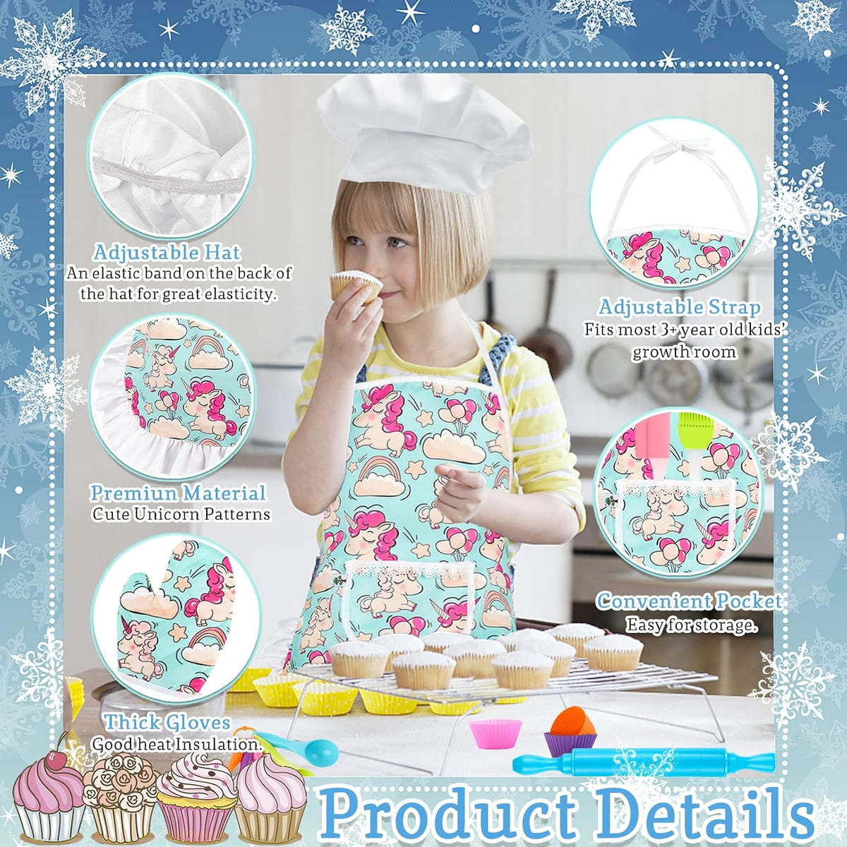KAEGREEL Kids Baking Chef Set with Unicorn Apron and Mitt - Purple Unicorn Apron+6 Model Cookie Cutters - image 3