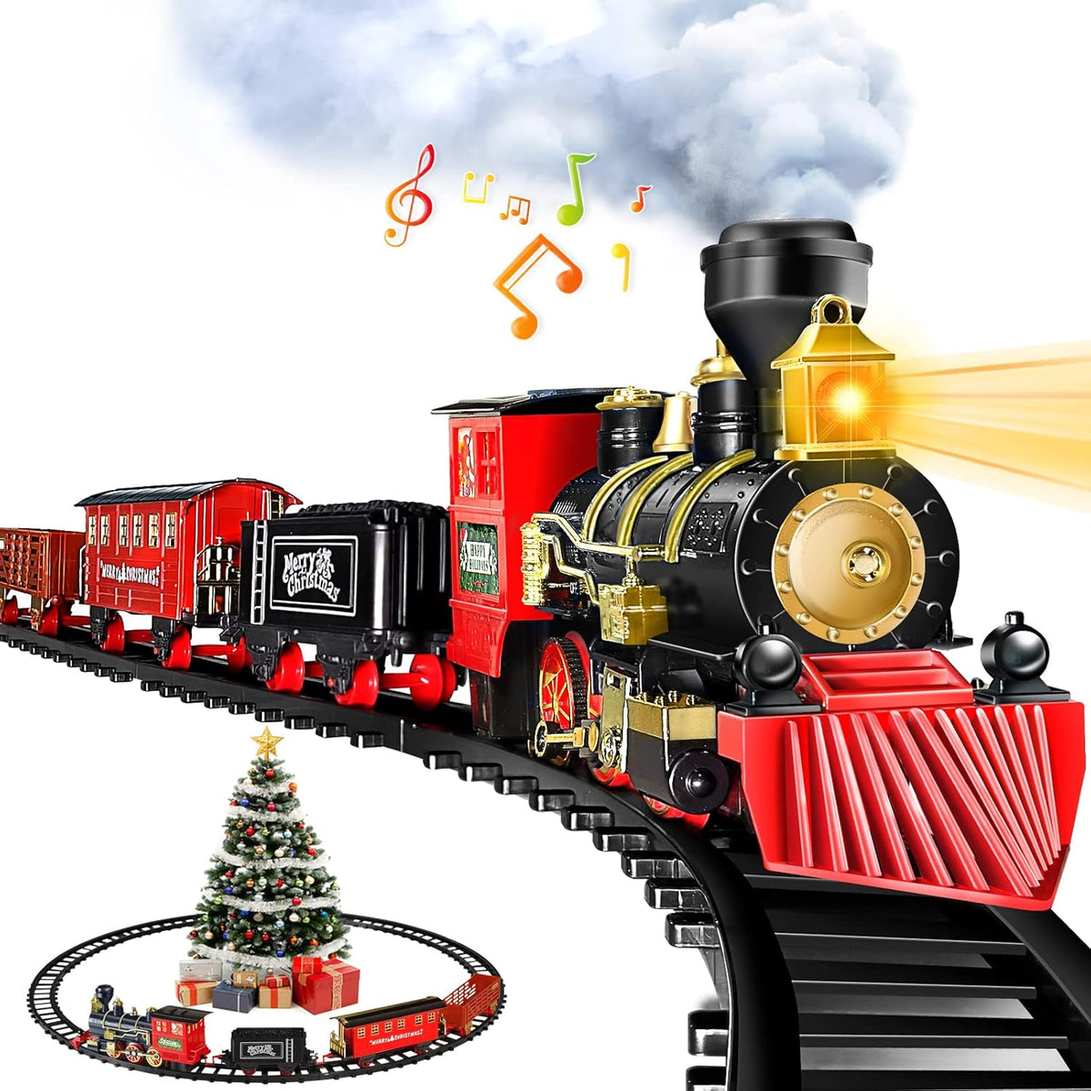 OleFun electric train set with steam locomotive, passenger, coal and freight cars on a circular track