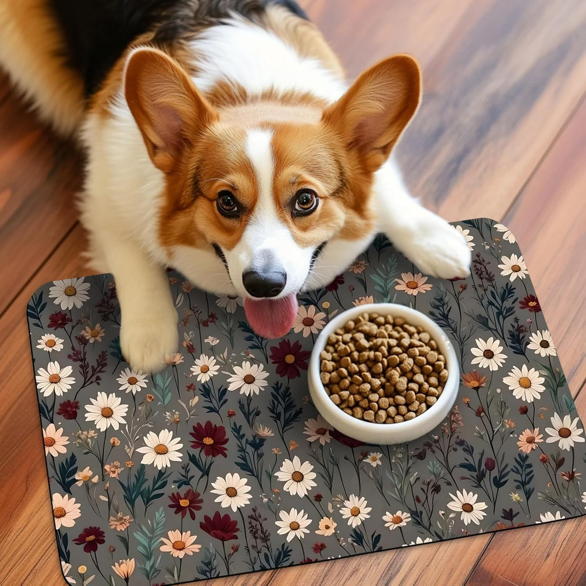 Patterned Cat & Dog Bowl Mat for Food and Water - Small (12" x 20") / Brown-flowers - image 2