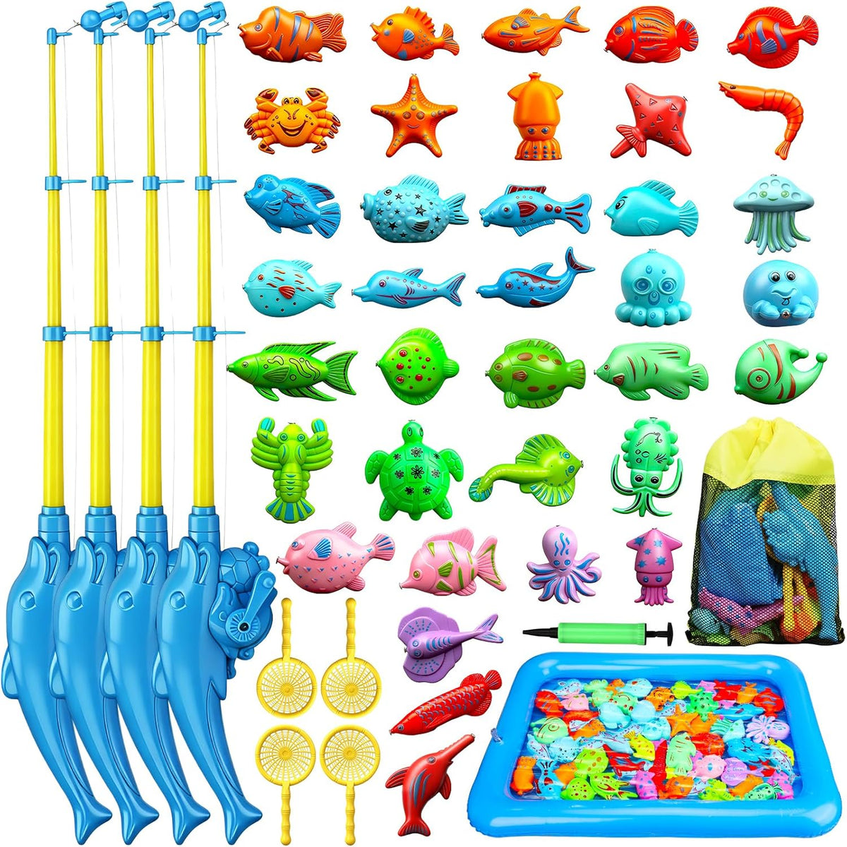 TOY Life Magnetic Fishing Game for Kids, Bathtub and Pool Toy - 4 Kids Fishing Pole With Inflatable Pool