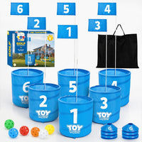 TOY Life backyard bucket golf game set with blue golf buckets, flag and golf balls on a lawn - view 2