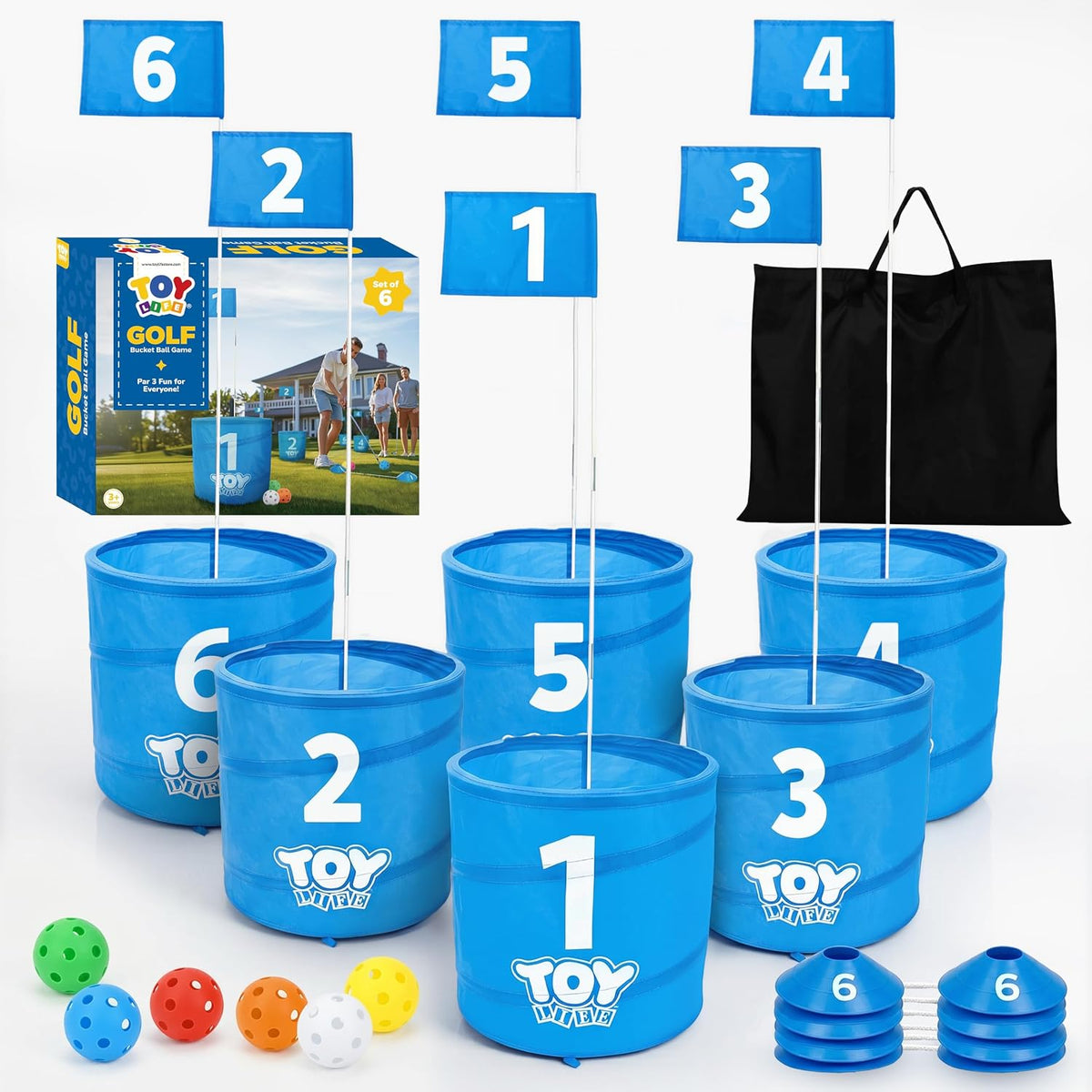 TOY Life backyard bucket golf game set with blue golf buckets, flag and golf balls on a lawn - view 2