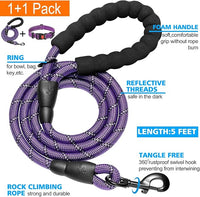 Heavy Duty Dog Leash - Comfortable Padded Handle, 5 ft Long - Dog Leashes for Small Medium Large Dogs (Leash+Collar XS Neck 10.5"-13.5", Purple)