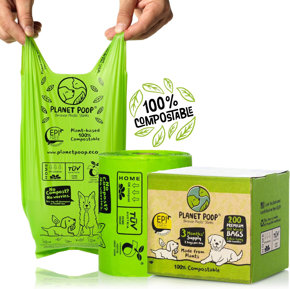 PLANET POOP Home Compostable Dog Poop Bags Extra-long with Handles - 200 Count (Pack of 1)