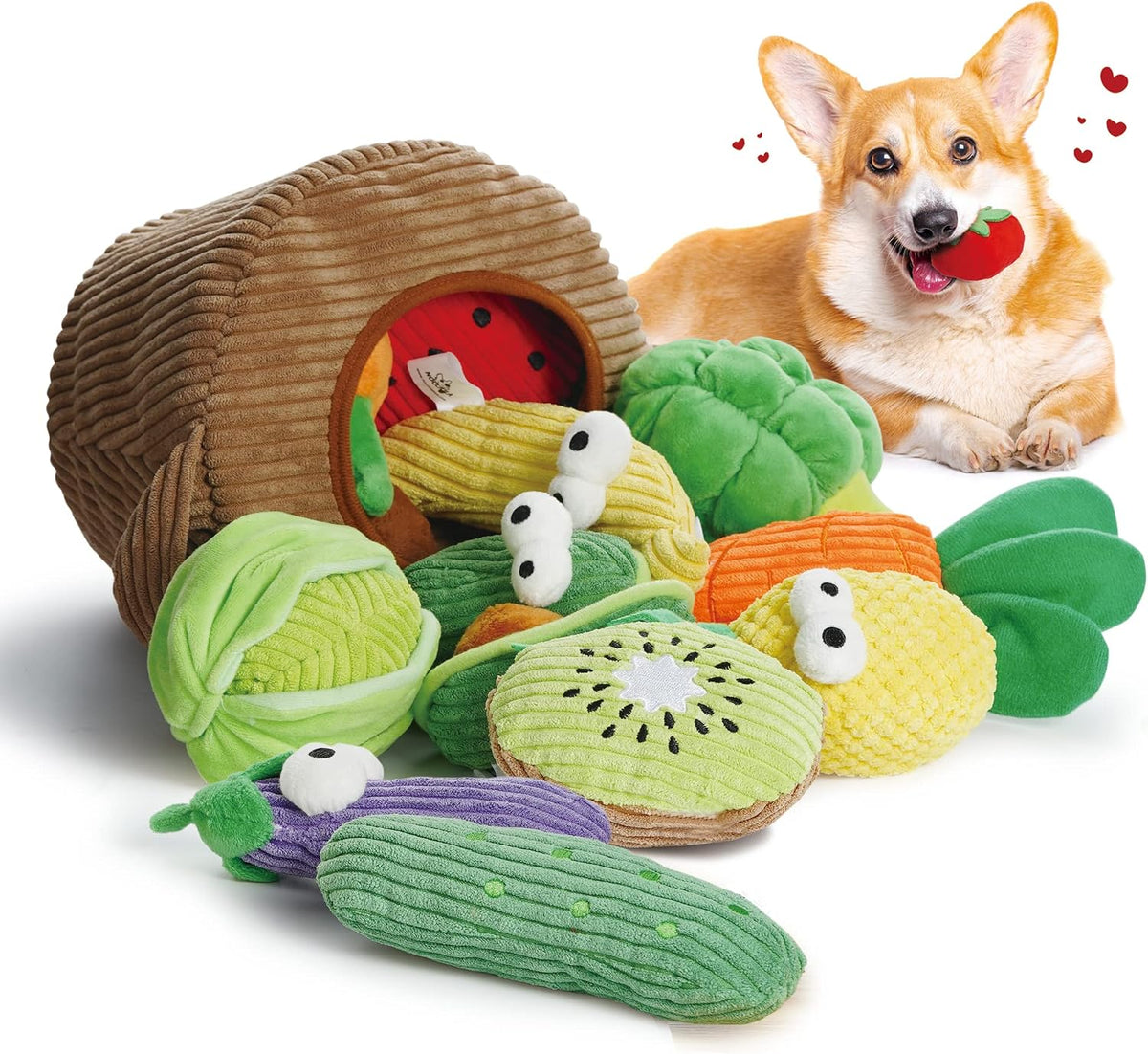 Nocciola Squeaky Fruits Veggies Stuffed Dog Toys Pack