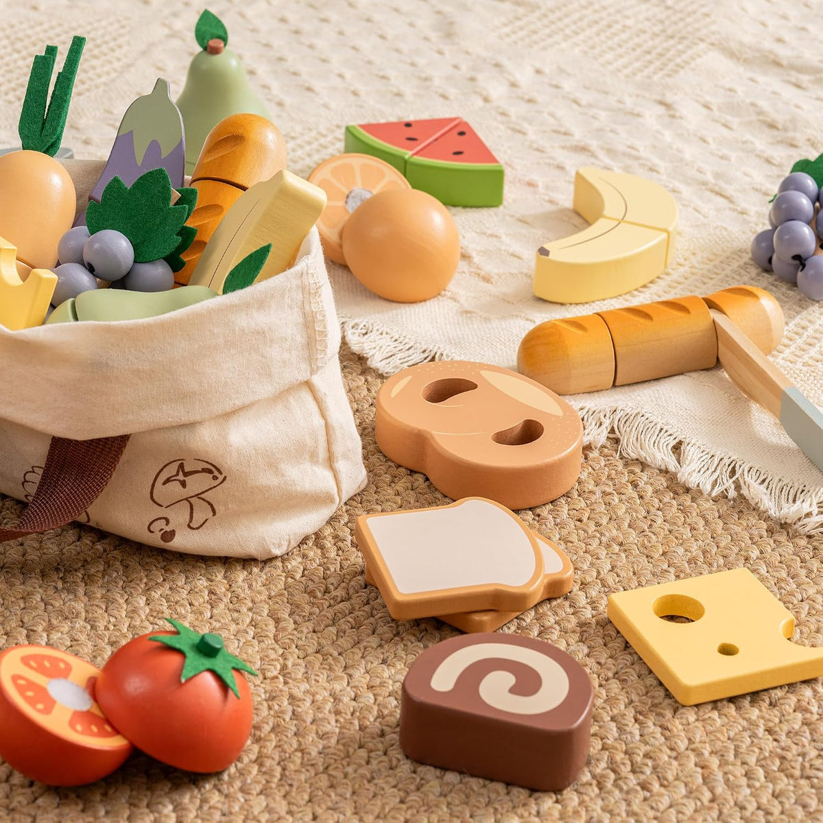 ROBOTIME wooden play food cutting fruit set with storage shopping bag - view 6
