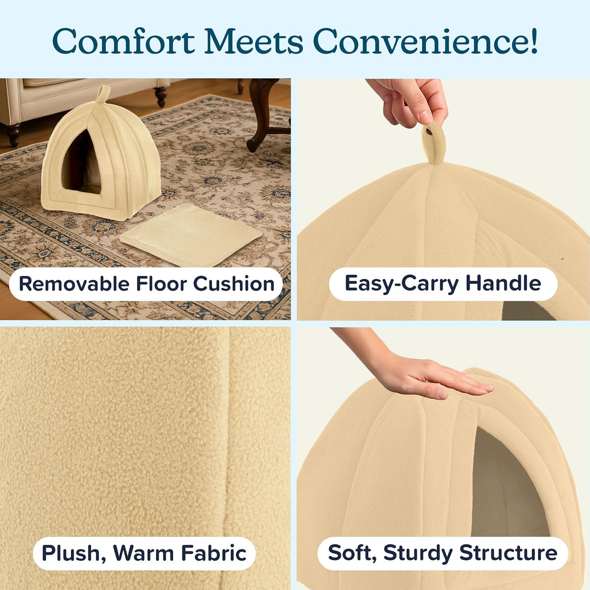 PETMAKER Cat House Indoor Bed with Removable Foam Cushion - Tan / (L) 13.5” x (W) 13.5” x (H) 15” - image 3