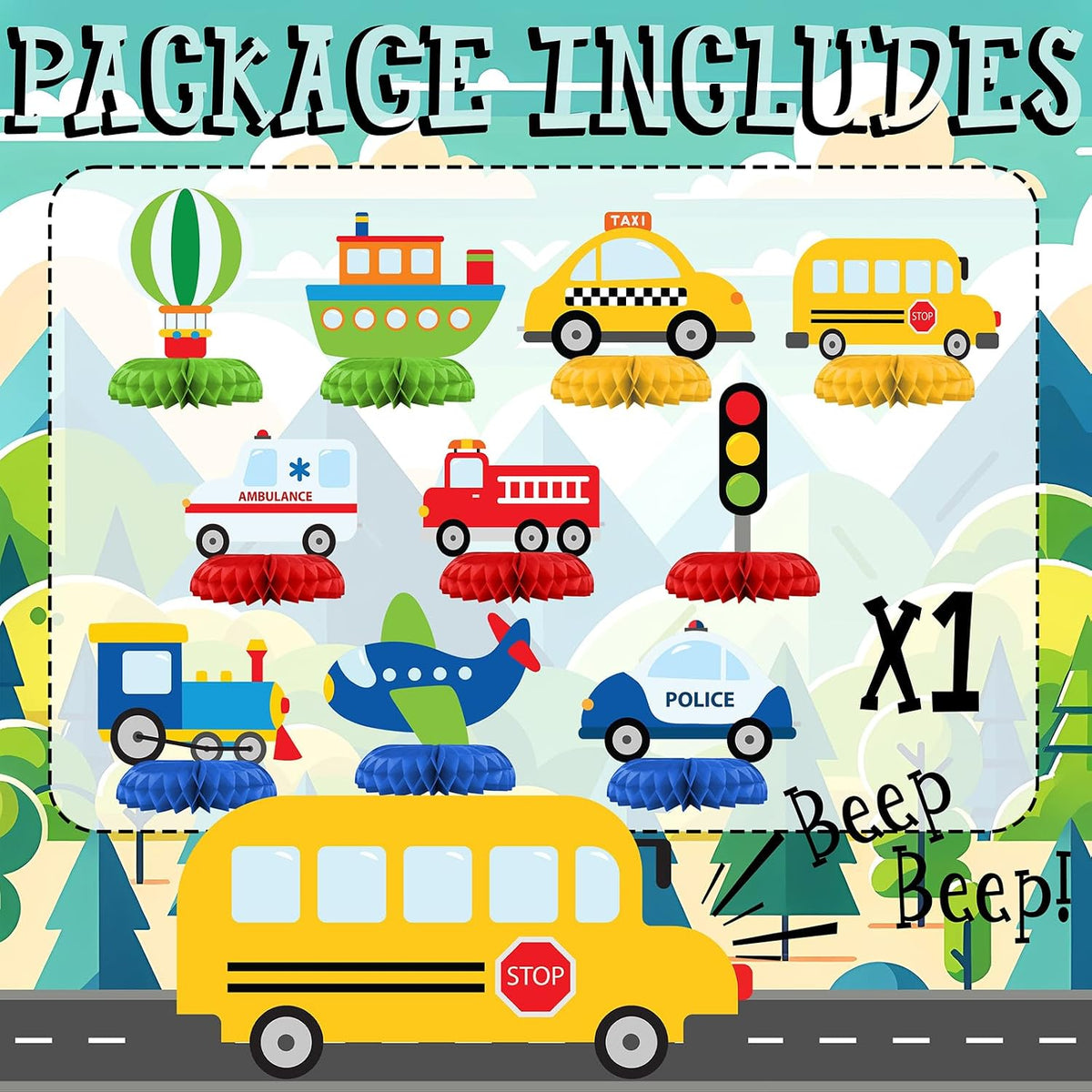 HaPiBiDesign transportation party decorations, 10 honeycomb table centerpieces - view 38