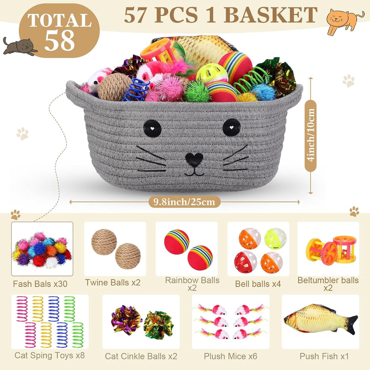 Zopeal 58 Pcs Cat Toy Set with Storage Basket Indoor, Grey - Gray / 9.8 Inch - image 2