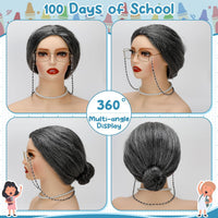 Huskein Old Lady Costume, Old Lady Cosplay Silver Bun Wig Glasses Wig Cap Pearl Necklace Bracelet - Blackwhite-bun - image 3