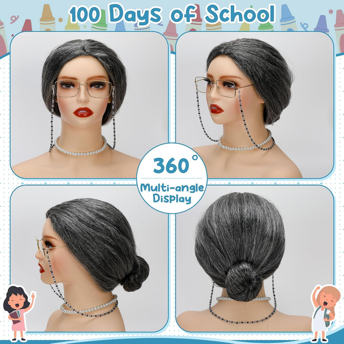 Huskein Old Lady Costume, Old Lady Cosplay Silver Bun Wig Glasses Wig Cap Pearl Necklace Bracelet - Blackwhite-bun - image 3