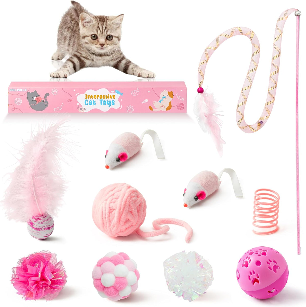 10-piece pink cat toy set with mice, bell balls, springs and crinkle balls