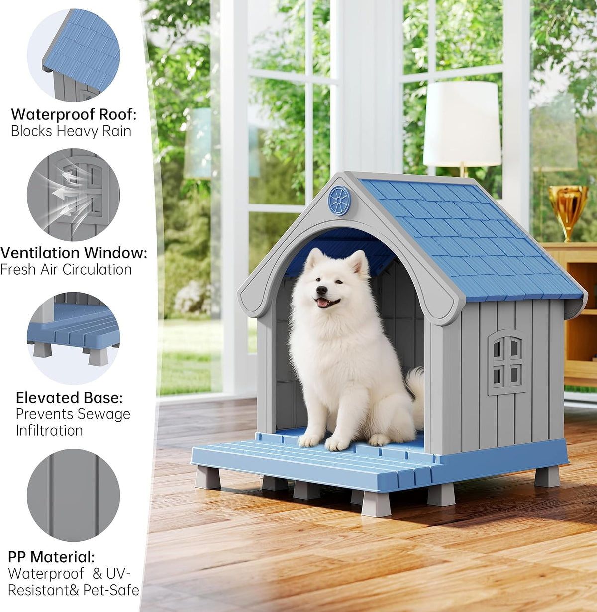 Dog House Outdoor, Plastic Small Dog House-Weatherproof Design with Air Vents & Elevated Floor - Blue / 32.95" L x 31.5" W x 37.88" H - image 3