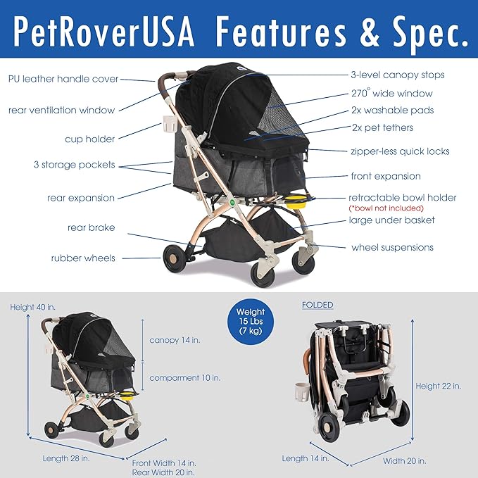 Lite Premium Light-Weight Dog/Cat/Pet Stroller Travel Carriage with Convertible Compartment/Zipper-Less Entry/1-Hand Quick Fold/Aluminum Frame for Small & Medium Pets (Black 2nd-Gen.)