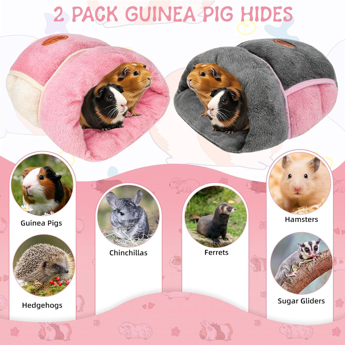 YUEPET Guinea Pig Bed Cuddle Cave, Warm Fleece Hideout - 2PCS(Grey+Pink) / 2PCS - image 2