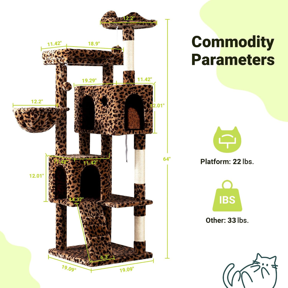 Allewie 64 Inches Cat Tree Tower/Multi-Level Activity Center - Leopard Print - image 3