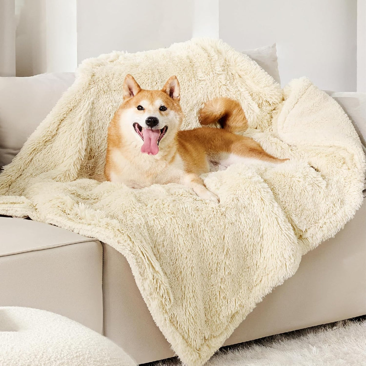 Bedsure Waterproof Dog Blankets for Large Dogs, Fluffy Faux Fur - Cream / L(40x50")