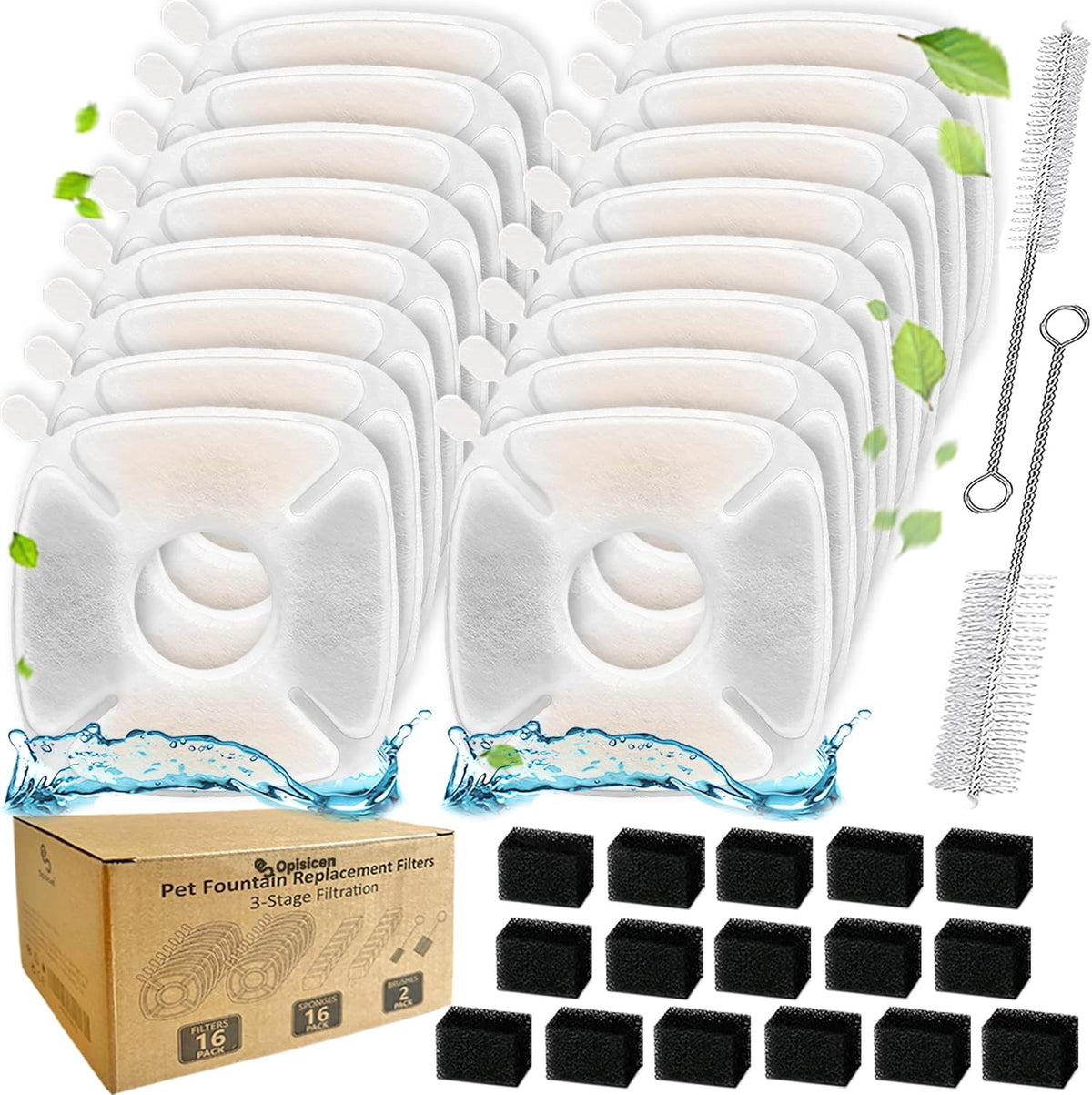 34 Pcs Cat Water Fountain Filters Replacement Compatible with VEKEN - 16 Filters+16 Sponges+2 Brushes