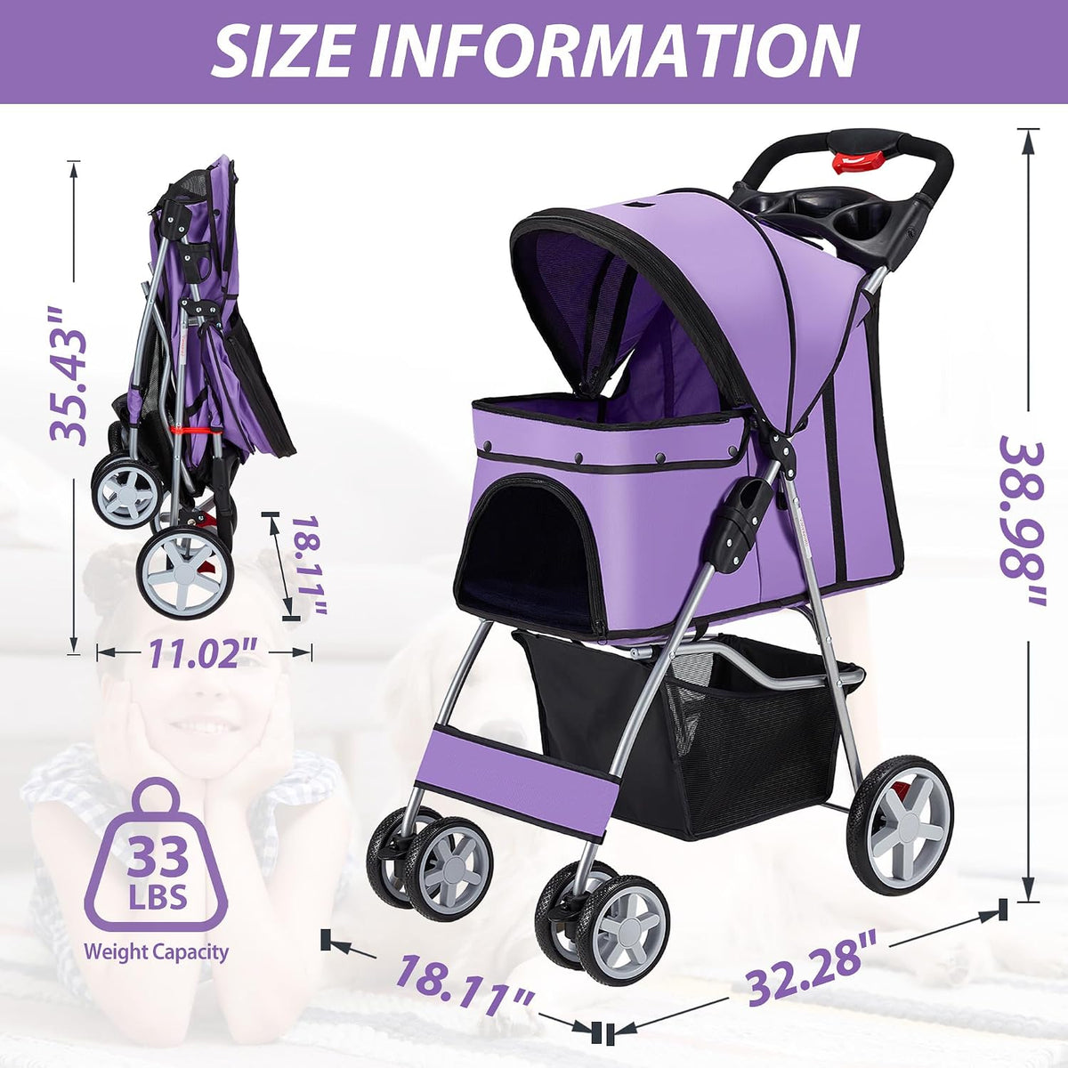 Unisakey Foldable 4-Wheel Pet Stroller for Dogs Cats 10-33lbs - Purple - image 3