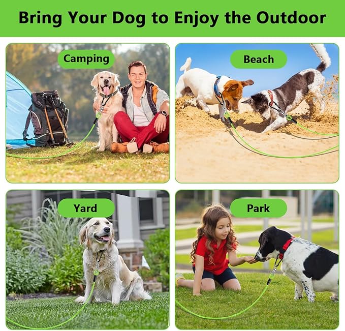 Dog Tie Out Cable 10FT-500Lbs,Heavy Duty Dog Leads&Tether for Yard with Swivel Hook,Small Large Dogs Leash Line for Outside,Rust Chew Proof Dogs Run Cable for Outdoor Camping (Green, 10FT)