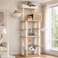 Hey-brother Wooden Cat Tree Tower with Rattan Condo - 21.7" x 15.8" x 73" / White Oak