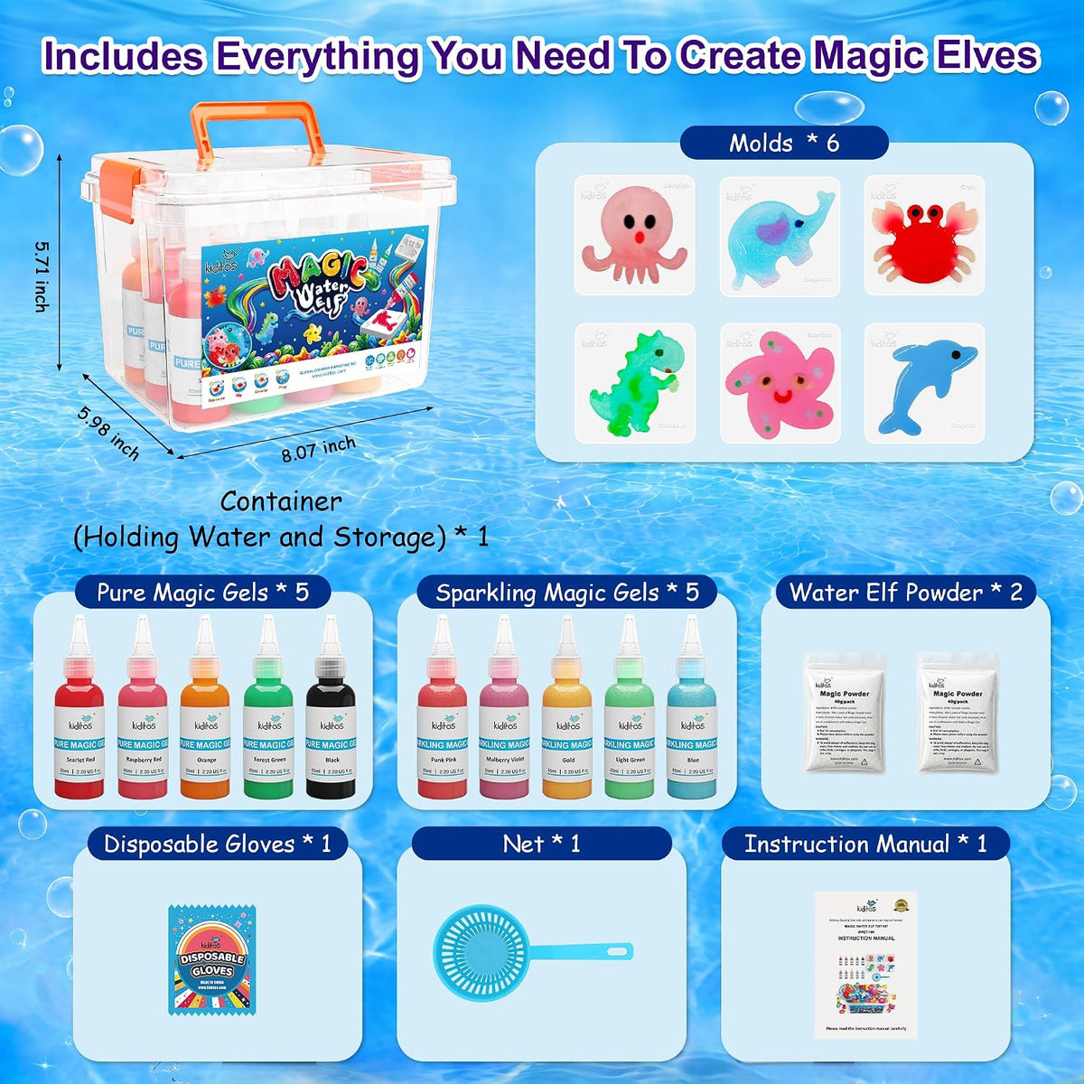 Kiditos Magic Water Elf Toy Kit, Squishies for Kids - 10 Sea Creature Colors / 10 Count (2 Packs of 5) - image 3