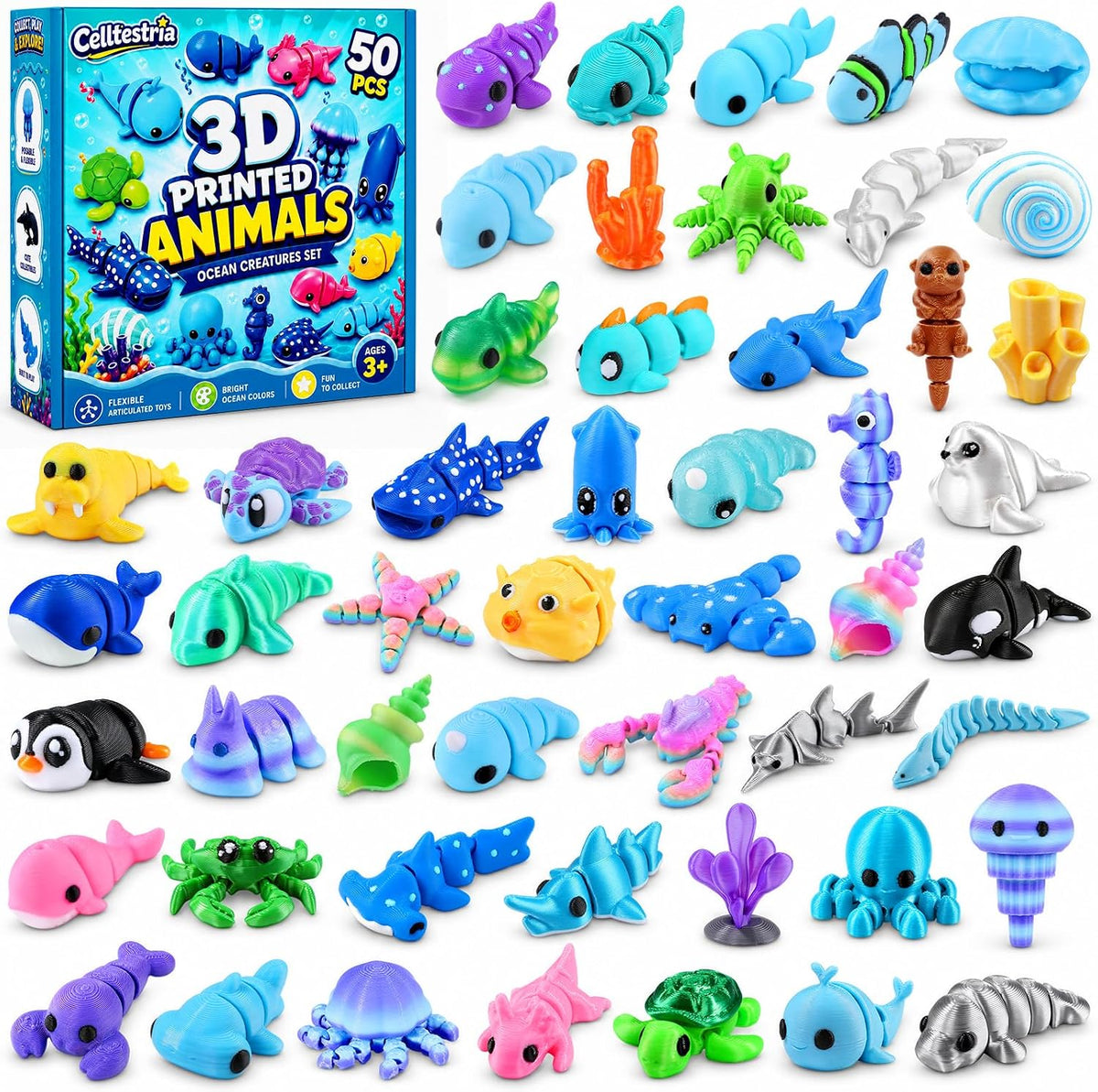 Celltestria 18PCS 3D Printed Skeleton Fidget Toys with Coffin Storage - 50Pcs 3D Ocean Animals