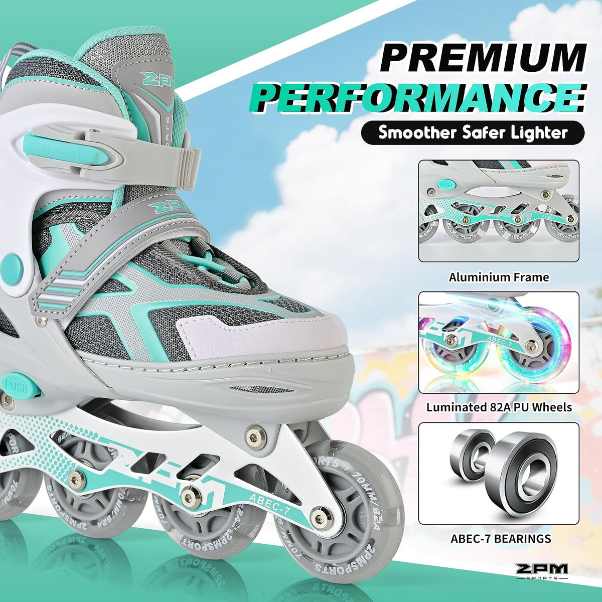 2PM SPORTS Adjustable Inline Skates for Kids, Youth and Adults – Fun for Kids & Family - G Teal / Small - Little Kid (9C-12C US) - image 4