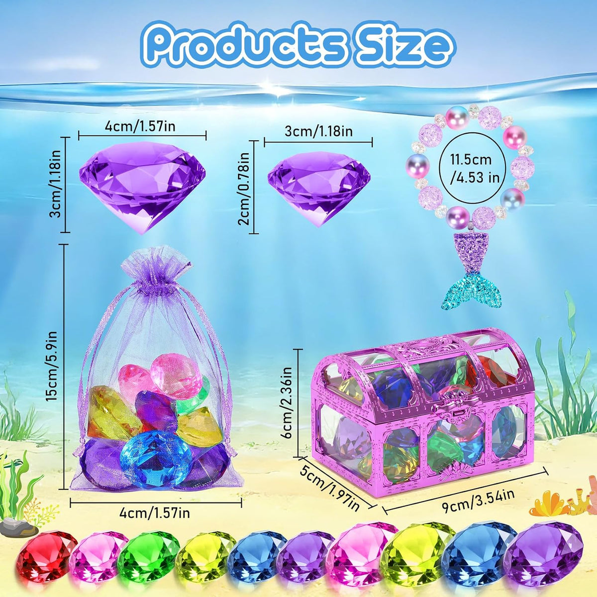 VGOFUN 31-piece mermaid diving pool toys with gems, pirate treasure chest and mesh bag - view 3