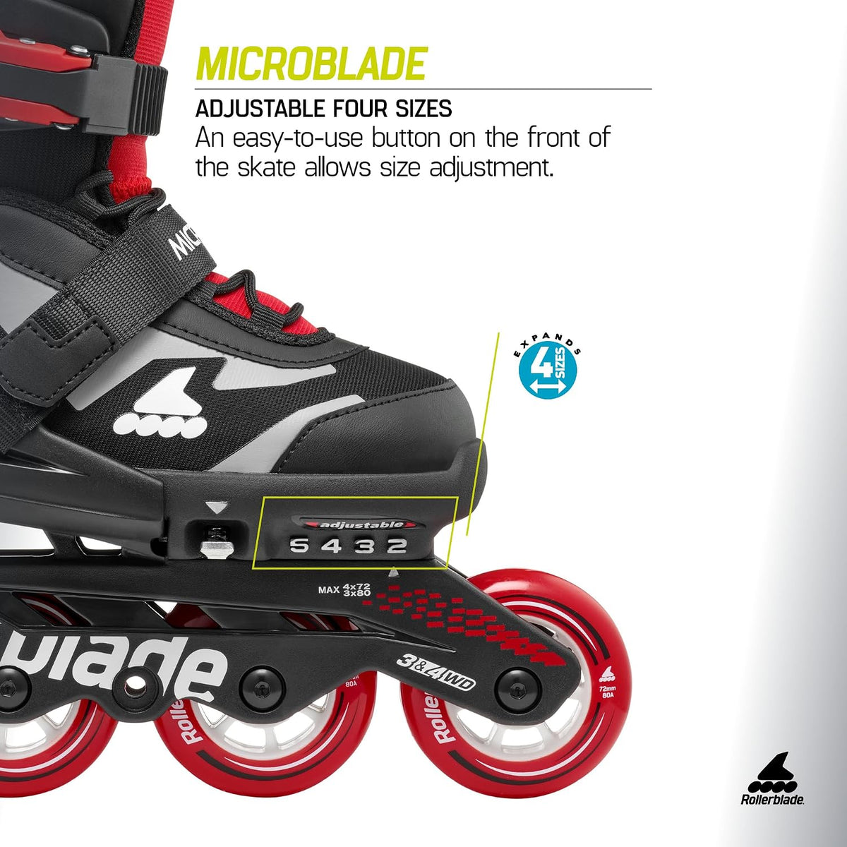Rollerblade Microblade adjustable kids inline skate in black and red - view 8