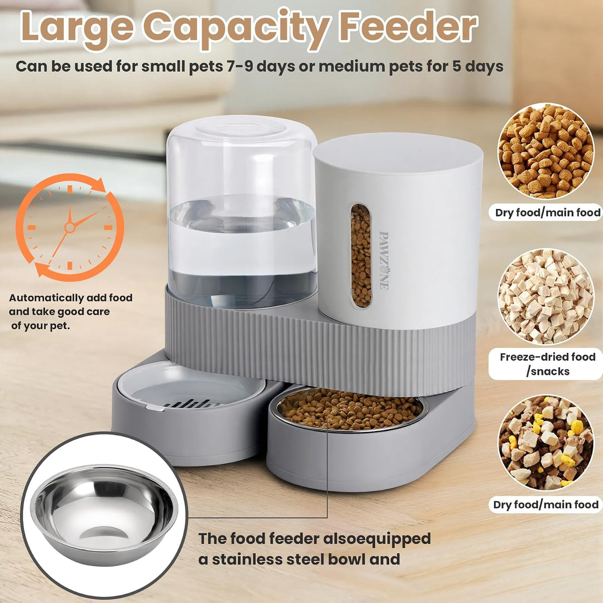 Automatic Cat Feeder Stainless Steel Water Dispenser Gravity Food - Grey - image 3