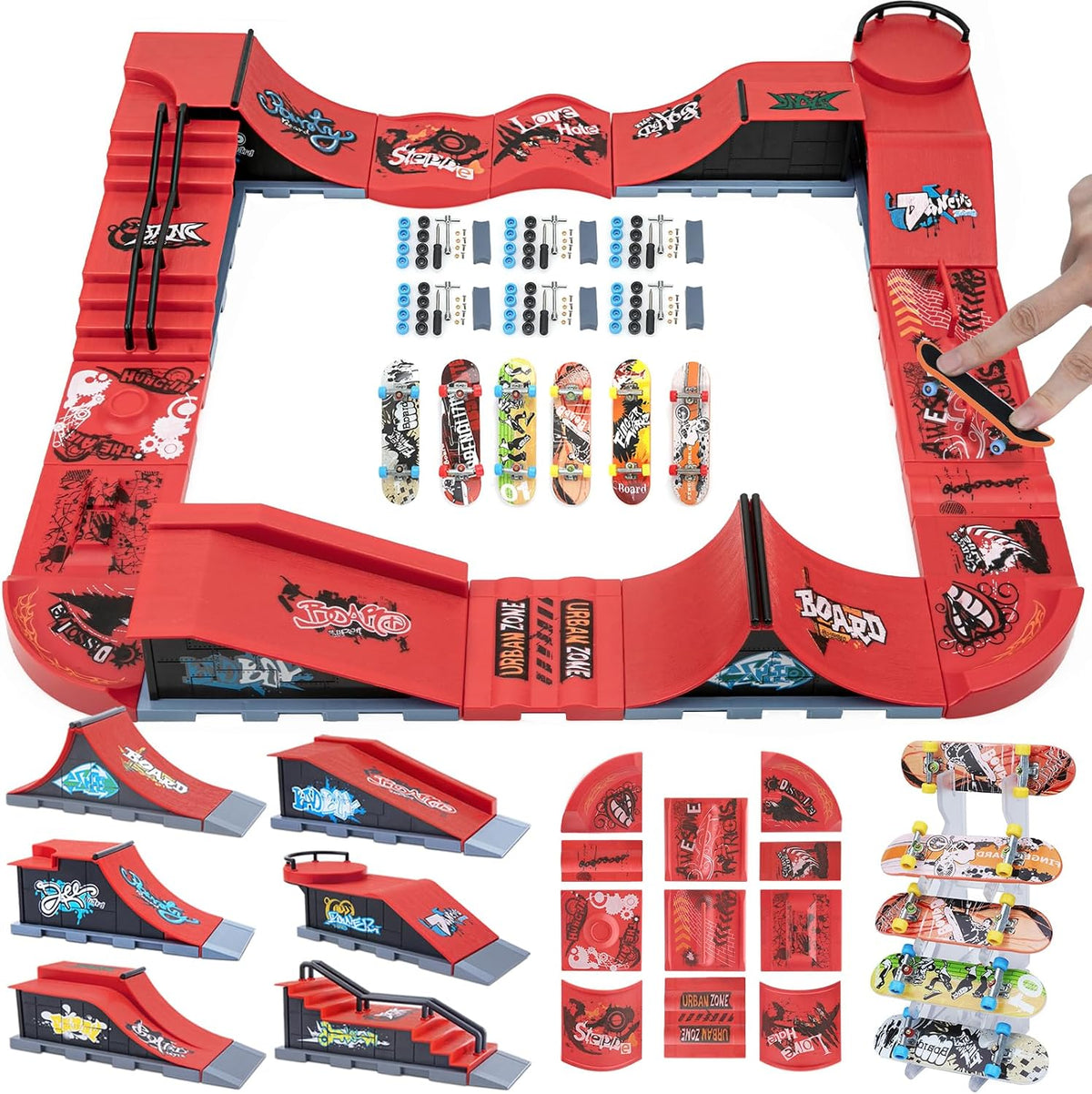 Gr8ware 6-in-1 fingerboard skate park with half pipe ramp and mini finger skateboards