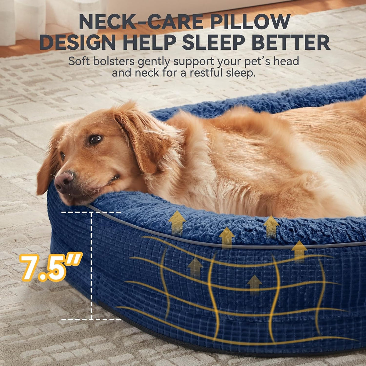 JOEJOY XL Orthopedic Dog Bed for Large Dogs, 360° Oval Bolster - Navy Blue / 42"l X 32"w X 7.5"th - image 3