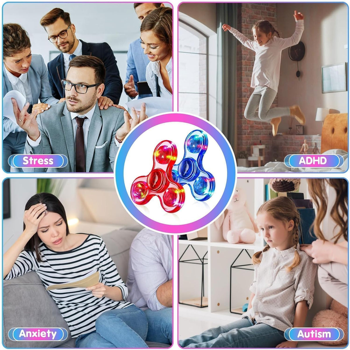 Fidget Spinner 2 Pack, Light up Sensory Fidget Toys Adults Kids 4-8-12, Kids - Red&blue - image 3