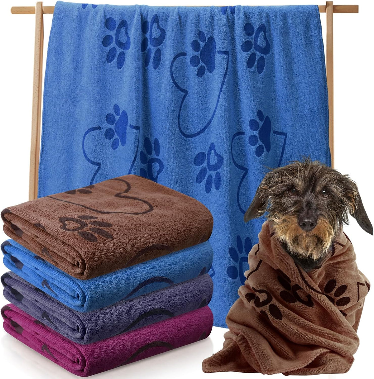 Fanfanwin 4 Pcs Dog Bath Towels Microfiber Drying Dog Towel Absorbent - Gray, Brown, Blue, Wind Red