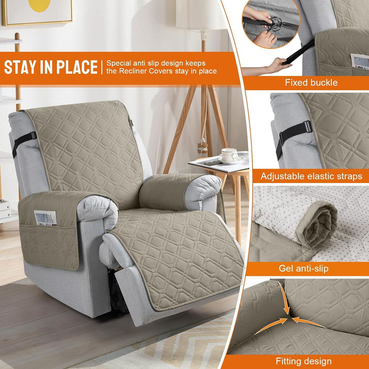 VANSOFY 100% Waterproof Recliner Chair Covers - Khaki / 30" - image 3