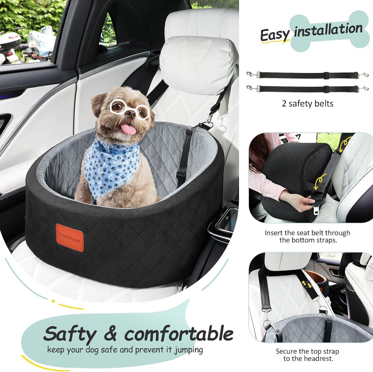 Lealchum Dog Car Seat for Small Dogs Up to 30 Lbs with 2 Safety Dog - Black/Grey / Small - image 4