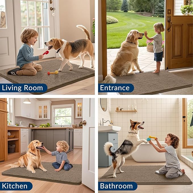 Smiry Dog Door Mat for Muddy Paws 48x30, Absorbs Moisture and Dirt Doormat, Non-Slip Washable Quick Dry Chenille Front Door Mat Indoor Entrance, Entryway Carpet for Inside Floor, Camel
